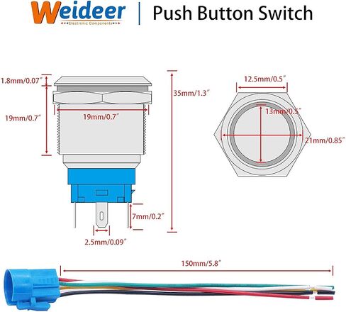 Weideer 19 مم مفتاح زر ضغط معدني 12 فولت حلقة خضراء LED 5 دبوس SPDT زر تشغيل/إيقاف مع قابس مقبس سلكي لفتحة تثبيت 19 مم 3/4 بوصة L-T-G in Kuwait