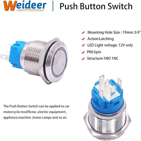 Weideer 19 مم مفتاح زر ضغط معدني 12 فولت حلقة خضراء LED 5 دبوس SPDT زر تشغيل/إيقاف مع قابس مقبس سلكي لفتحة تثبيت 19 مم 3/4 بوصة L-T-G in Kuwait