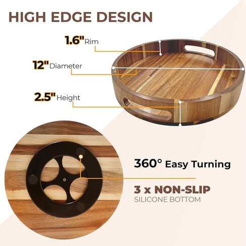 12 Inch Lazy Susan Organizer 100% Acacia Wood - Large Lazy Susan Turntable Organizer for Cabinet, Dining Table, Bathroom, Pantry - Kitchen Cabinet Countertop Organizer - Spice Lazy Susan in Saudi Arabia