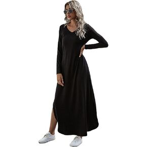 WDIRARA Women's V Neck Long Sleeve Slit Tshirt Dress Casual Solid Maxi Dress