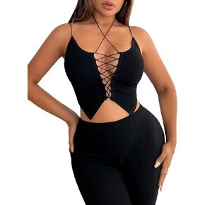 SweatyRocks Women's Lace Up Sleeveless Slim Fit Cami Tops Asymmetrical Hem Party Crop Tops