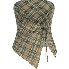 Floerns Women's Plaid Print Strapless Bandeau Drawstring Ruched Crop Tube Top