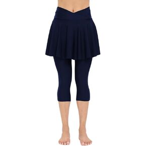 Micosuza Women's Swim Capris Leggings with Skirt Sun Protection Modest Cross High Waist Skirted Swim Pants