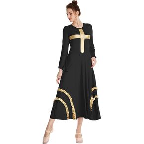 MYRISAM Women Praise Cross Dance Robe Worship Dress Bell Sleeve Metallic Ruffles Lyrical Liturgical Wide Swing Praisewear