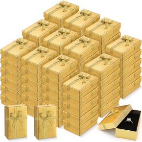 72 Pcs Jewelry Gift Boxes Empty Jewelry Boxes Cardboard Ring Boxes Paper Bangle Box Bracelet Boxes with Lid Ribbon Bowknot Bulk for Wedding Birthday Necklace Packaging, 2 x 3.1 x 1.1'' (Gold)
