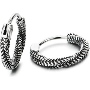 Pair Stainless Steel Hoop Earrings, Twisted Wheat Design, Vintage Huggie Hinged, Unisex Men Women