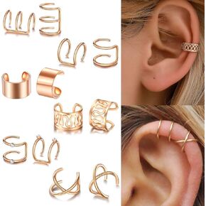6 Pairs Rose Gold Tone Stainless Steel Ear Cuff Wraparound Earrings for Men Women， Non Piercing Helix Cartilage Ear Clip Set