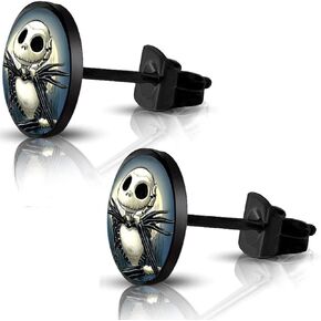 316L Surgical Stainless Steel Halloween Jack Skellington Round Circle Button Stud Post Earrings 10MM