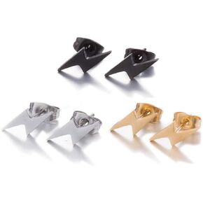 3 Pairs Lightning Stud Earrings for Women Men Stainless Steel Gold Silver Black Lightning Stud Earrings