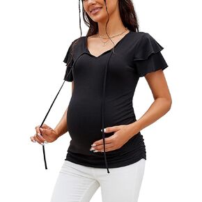 GINKANA Maternity Tops Ruffle Short Sleeve V Neck with Drawstring Shirts Casual Maternity T Shirts Summer Pregnancy Blouses