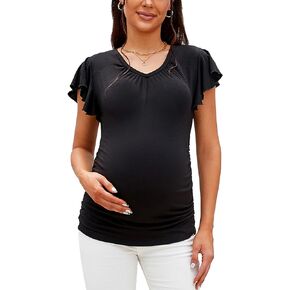 GINKANA Maternity Tops Ruffle Cap Sleeve Pleated Front V Neck Summer Pregnancy Tshirts Tees Tunics Blouses for Daily Wear