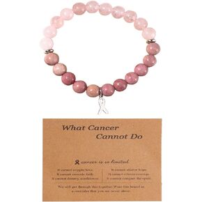 Natural Stone Bead Ribbon Charm Bracelet with Message Card Breast Cancer Awareness Bracelet for Women Girl Teen Mother Stretchy Inspirational Jewelry Gift