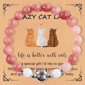 Cute Cat Bracelet Nature Stone Cat Beaded Stretch Bracelet for Women Girls Inspirational Healing Crystal Good Luck Chakra Strand Adjustable Bracelet Crazy Cat Lady Gifts for Cat Lover Cat Mom