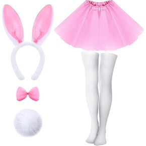 5 Pcs Halloween Bunny Costume Set for Adult, Bunny Ears Headband Rabbit Bowtie Tail Tutu Thigh High Stocking for Girl Cosplay