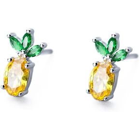 20g Pineapple CZ Small Stud Earrings for Women Teen Girls Little Girls Sensitive Ear Dainty Minimalist Real 925 Sterling Silver Tiny Mini Cartilage Tragus Crystal Fruit Cute Hypoallergenic Green Yellow Cubic Zirconia Colorful Fruit Studs Piercing Post Pin