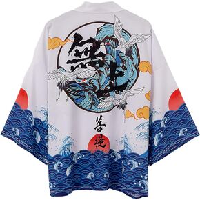 GK-O Mens Japanese Crane Sun Kimono Yukata Coat Cardigan Top Jacket Bathrobe Robe Casual Loose