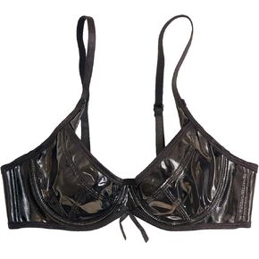 OYOANGLE Women's Pu Leather Push Up Underwire Bras Spaghetti Strap Crop Cami Tops Party Clubwear