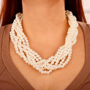 Wiwpar Chunky Cluster Imitation Pearl Statement Necklace Multi Strand Twisted Bib Collar Necklace Costume Jewelry Pearl Necklace and Earring Set 1920s Gastsby costume jewelry