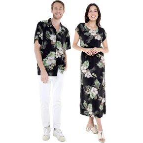 Matchable Couple Hawaiian Luau Shirt or Maxi Simple Dress in Pineapple Garden Black