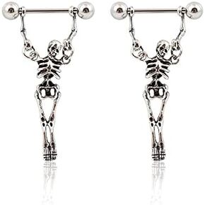 1 Pair Long Stainless Steel Skull Skeleton Stud Earrings Set Barbell Drop Dangle Earrings Hip Hop Gothic Punk Hip Hop Party Cosplay Halloween Piercing Jewelry