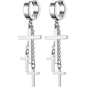 Hanging Cross Earrings for Women Men Silver Black Religion Hoop Dangling Stainless Steel Earrings