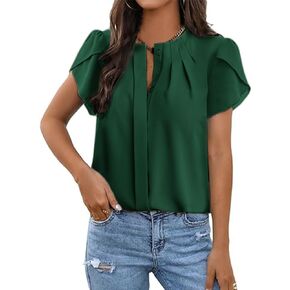Dokotoo Womens Button Down Crew Neck Short Sleeve Shirts Business Casual Tops Loose Work Chiffon Blouses