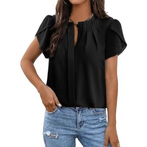 Dokotoo Womens Button Down Crew Neck Short Sleeve Shirts Business Casual Tops Loose Work Chiffon Blouses