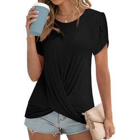 Womens 2024 Summer Casual Tunic Tops Twist Front Blouse Short Sleeve Fitting Tshirt