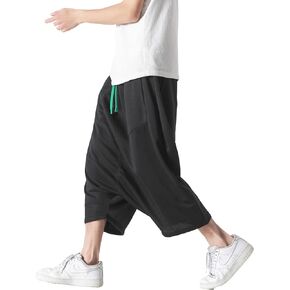 DOSLAVIDA سروال فضفاض للرجال منخفض المنشعب من القطن والكتان الهيب هوب بنطال واسع الساق بخصر مطاطي سروال رياضي قصير in Kuwait
