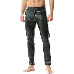 Mens Skinny Black Pu Leather Pants Straight Leg Faux Leather Pants Night Club Pants Shiny Disco Casual Pants