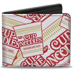 Buckle-Down Men's Foods Wallet, Bifold, Nissin Noodles Cups Stacked White Red Dark Yellow, Vegan Leather, 4.0" x 3.5"