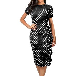 oxiuly Women's Vintage Polka Dot Floral Patchwork Stretchy Work Casual Bodycon Sheath Pencil Dress OX055 in Kuwait