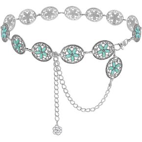 Wovanoo Western Concho Chain Belt for Women Turquoise Adjustable Waist Belt Western Cowgirl Metal Belts