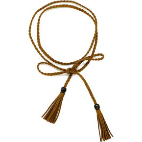 Women Waist Belt PU Leather Waist Chain/Rope with Tassel Beads Vintage Style 57 inch, Coffee, Large