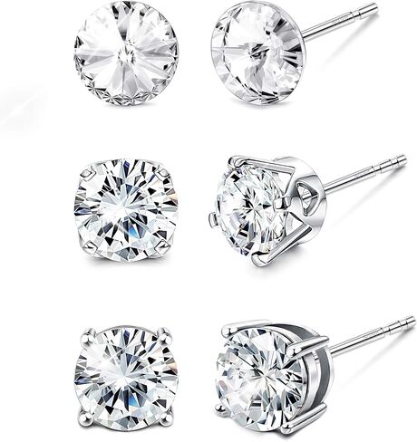 Sllaiss 3 أزواج من أقراط الكريستال النمساوية من الفضة الإسترليني عيار 925، 3 أنماط من المشابك المخلبية، مجموعة أقراط دائرية للنساء والرجال in Kuwait