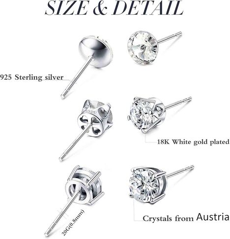 Sllaiss 3 أزواج من أقراط الكريستال النمساوية من الفضة الإسترليني عيار 925، 3 أنماط من المشابك المخلبية، مجموعة أقراط دائرية للنساء والرجال in Kuwait