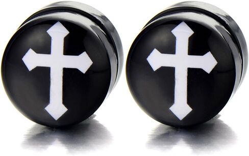 10MM Magnetic Black Circle Cross Stud Earrings for Men Women, Non-Piercing Clip On Fake Ear Plugs Gauges in Saudi Arabia