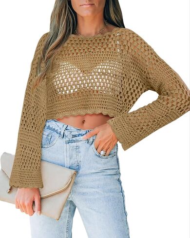 Saodimallsu Womens Crochet Crop Top Long Sleeve Sexy Mesh Knit See Through Hollow Out Beach Swimwear Cover Ups in Saudi Arabia