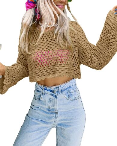Saodimallsu Womens Crochet Crop Top Long Sleeve Sexy Mesh Knit See Through Hollow Out Beach Swimwear Cover Ups in Saudi Arabia