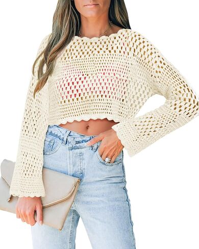 Saodimallsu Womens Crochet Crop Top Long Sleeve Sexy Mesh Knit See Through Hollow Out Beach Swimwear Cover Ups in Saudi Arabia