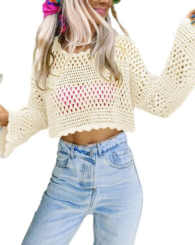 Saodimallsu Womens Crochet Crop Top Long Sleeve Sexy Mesh Knit See Through Hollow Out Beach Swimwear Cover Ups in Saudi Arabia