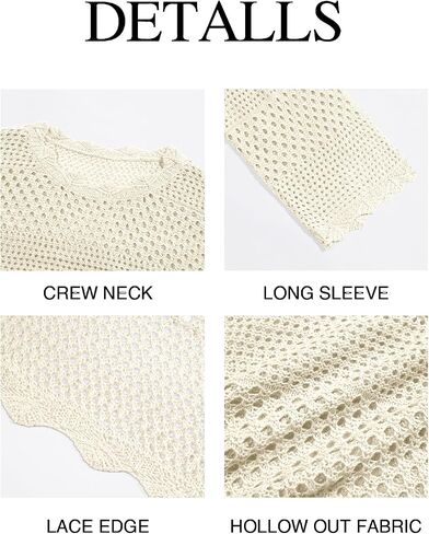Saodimallsu Womens Crochet Crop Top Long Sleeve Sexy Mesh Knit See Through Hollow Out Beach Swimwear Cover Ups in Saudi Arabia