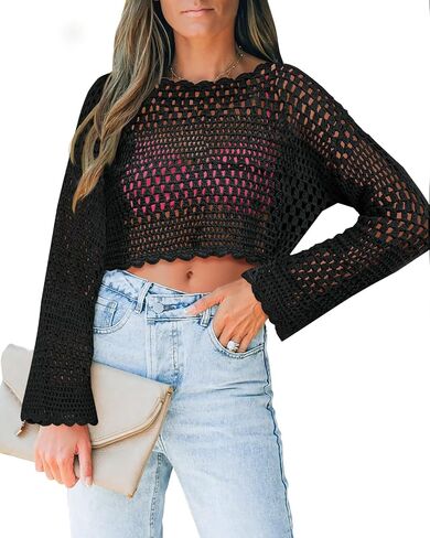 Saodimallsu Womens Crochet Crop Top Long Sleeve Sexy Mesh Knit See Through Hollow Out Beach Swimwear Cover Ups in Saudi Arabia