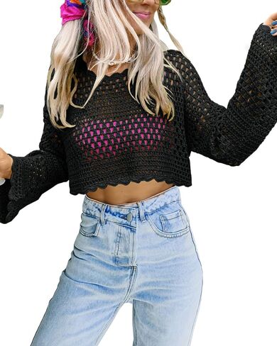 Saodimallsu Womens Crochet Crop Top Long Sleeve Sexy Mesh Knit See Through Hollow Out Beach Swimwear Cover Ups in Saudi Arabia