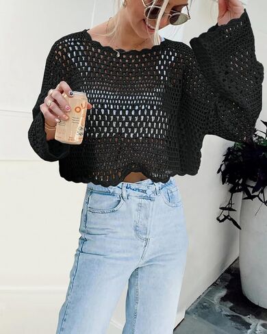Saodimallsu Womens Crochet Crop Top Long Sleeve Sexy Mesh Knit See Through Hollow Out Beach Swimwear Cover Ups in Saudi Arabia