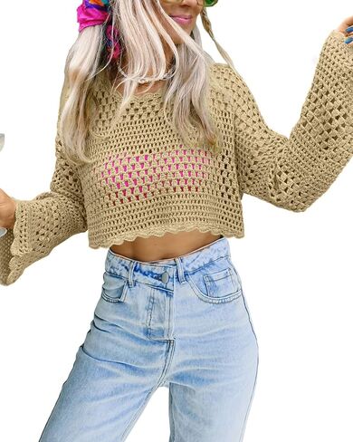 Saodimallsu Womens Crochet Crop Top Long Sleeve Sexy Mesh Knit See Through Hollow Out Beach Swimwear Cover Ups in Saudi Arabia