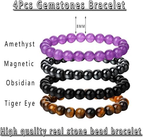 Gifts for Women Men, 4 PCS 8mm Healing Crystal Bracelet for Women Men, Christmas Gifts Friendship Bracelets Natural Gorgeous Semi-Precious Stone Beads Stretch Jewelry in Kuwait