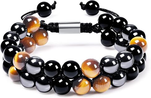 Triple Protection Bracelet, Men's Women's Crystal Bracelet Tiger Eye Hematite, and Obsidian Natural Stone 8mm Healing Bracelet Hand Woven Beads Amulet Bracelet in Saudi Arabia