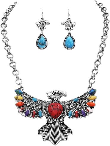 مجموعة هدايا أقراط على شكل قلادة من الفضة المصقولة على الطراز الغربي للسيدات من Rosemarie & Jubalee Aztec Thunderbird مع أحجار Howlite الملونة، 18+3 بوصة in Saudi Arabia