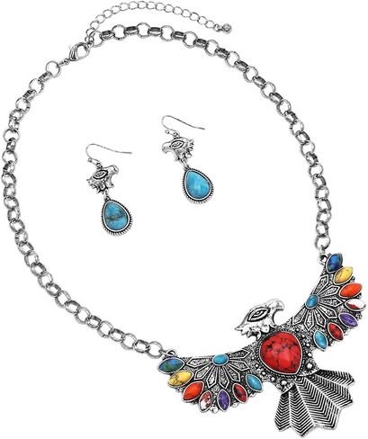 مجموعة هدايا أقراط على شكل قلادة من الفضة المصقولة على الطراز الغربي للسيدات من Rosemarie & Jubalee Aztec Thunderbird مع أحجار Howlite الملونة، 18+3 بوصة in Saudi Arabia